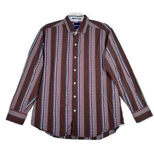 Tommy Bahama Shirt Mens Large Brown Blue Striped Silk Blend Casual Office Preppy